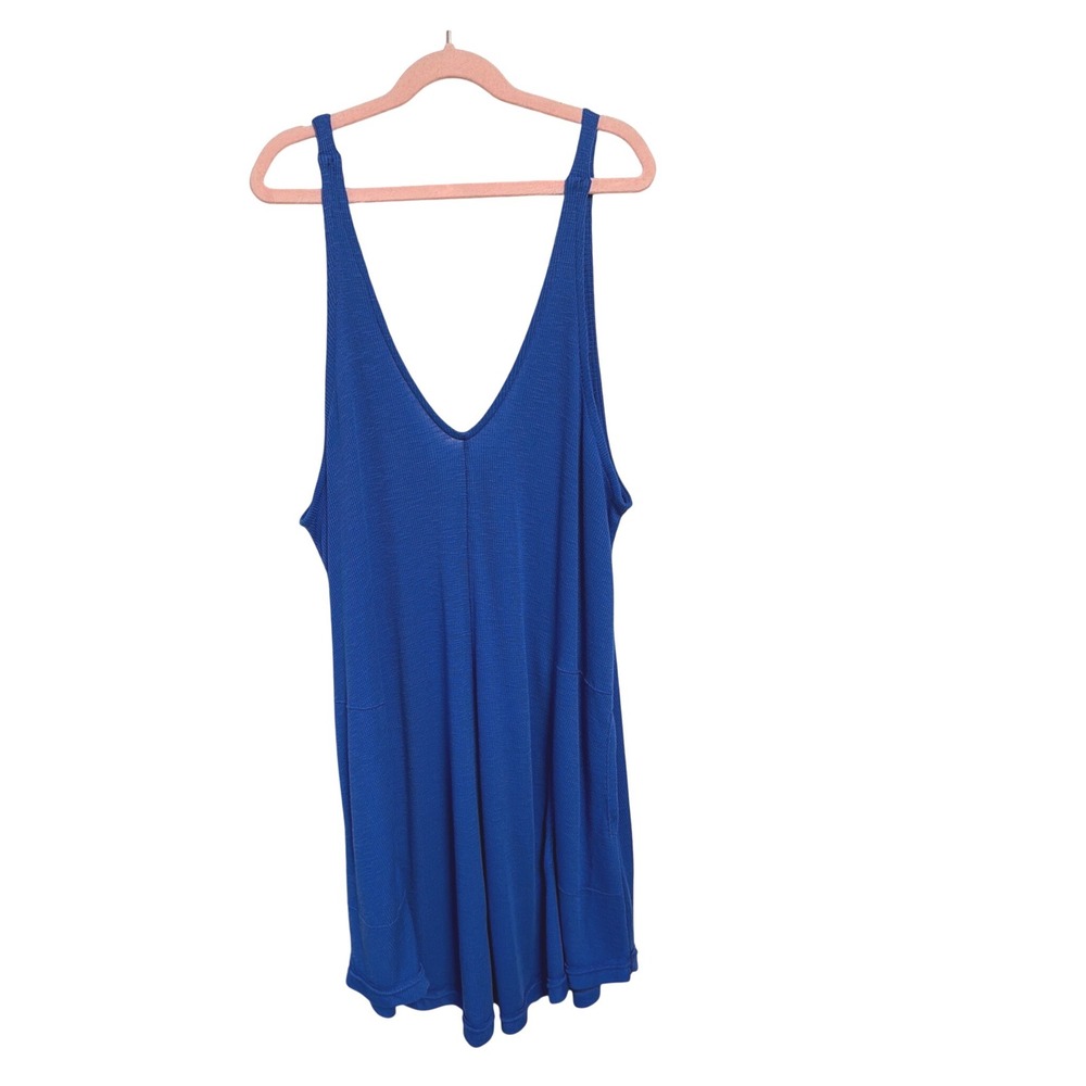 Free People FP Beach Royal Blue Ribbed V-Neck Sleeveless Romper Pockets Medium